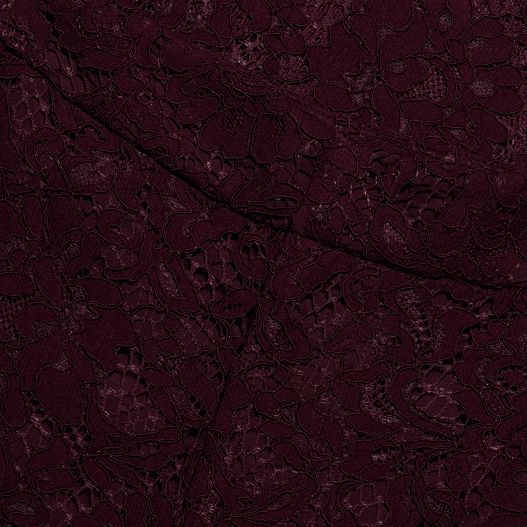 Dark burgundy floral lace fabric featuring a folded seam on high-rise Livvy Straight-Leg Trouser.