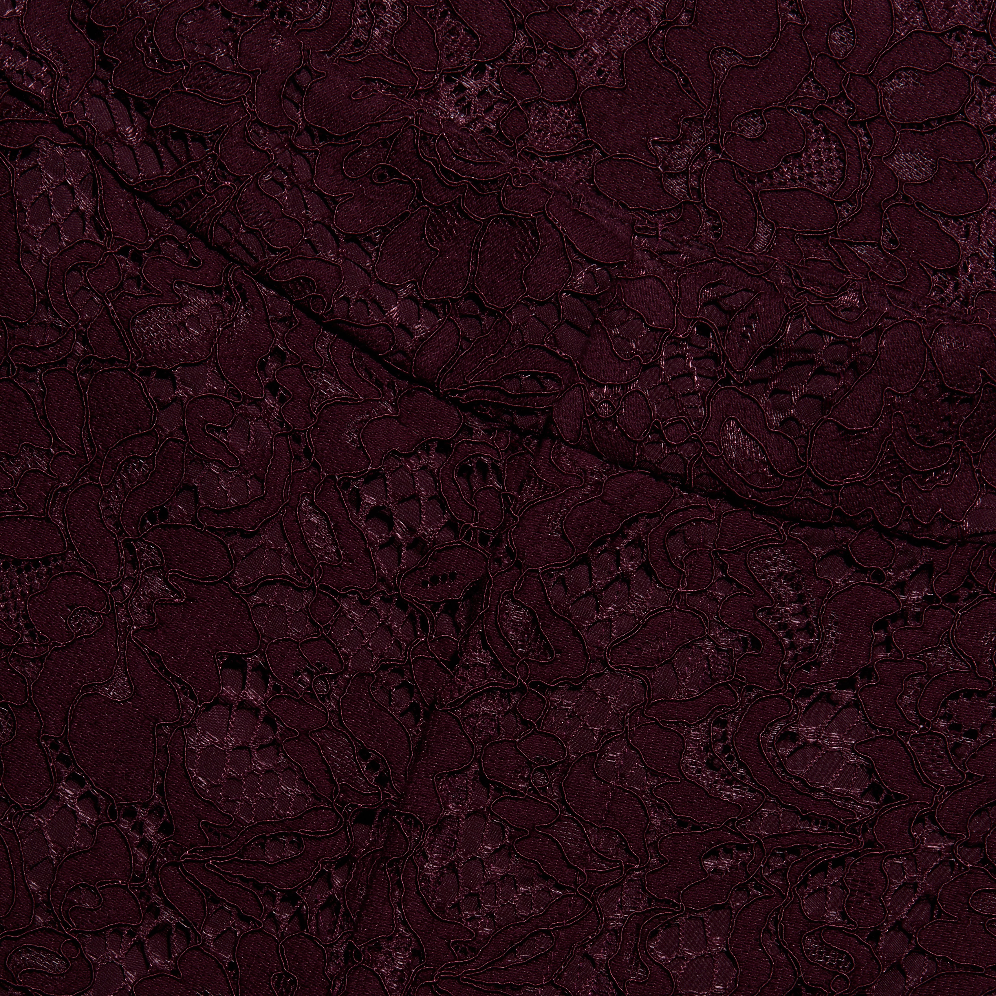 Dark burgundy floral lace fabric featuring a folded seam on high-rise Livvy Straight-Leg Trouser.