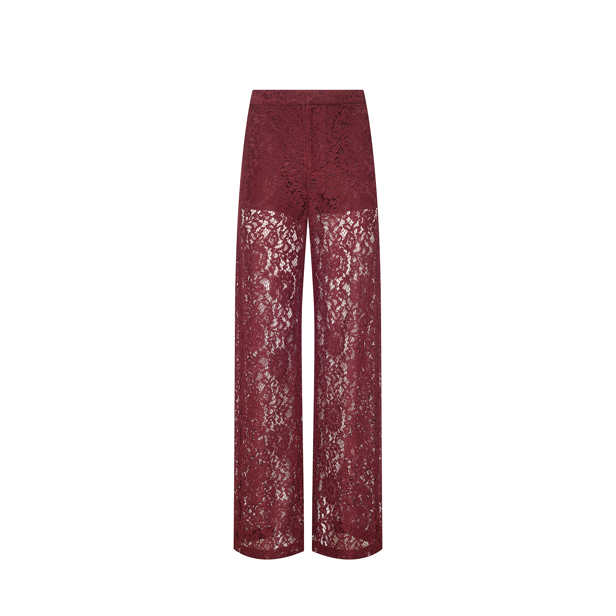 Livvy Straight-Leg Trouser in burgundy high-rise straight-leg floral lace.