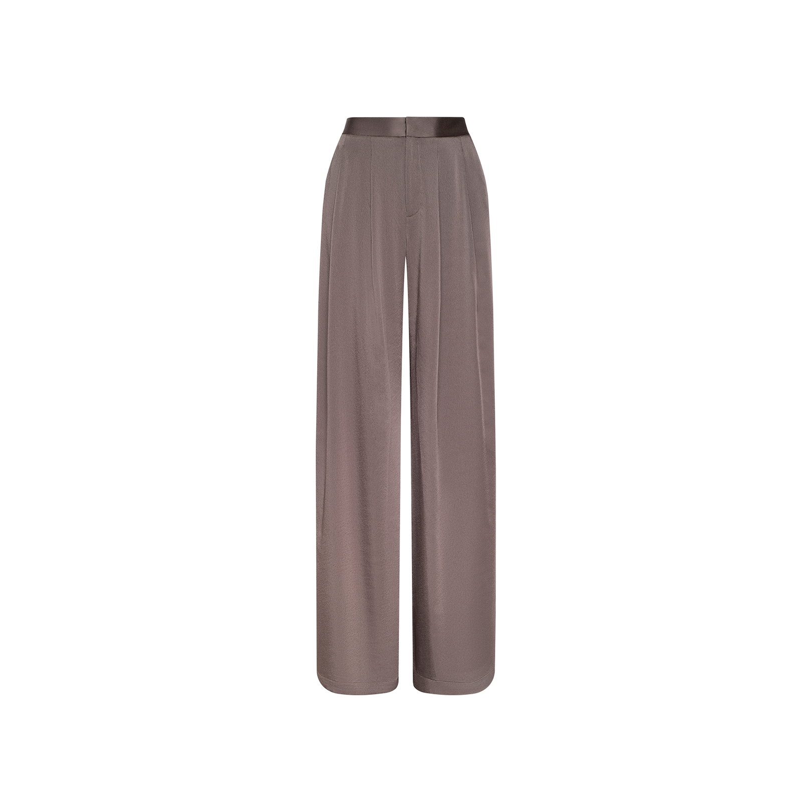 The Aubrie Satin Pant features a wide-leg, high-waisted silhouette in a cardamon brown shade, crafted from smooth, shiny satin with a tailored waistband and subtle front pleats, shown against a plain white background.
