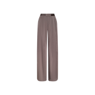 The Aubrie Satin Pant features a wide-leg, high-waisted silhouette in a cardamon brown shade, crafted from smooth, shiny satin with a tailored waistband and subtle front pleats, shown against a plain white background.
