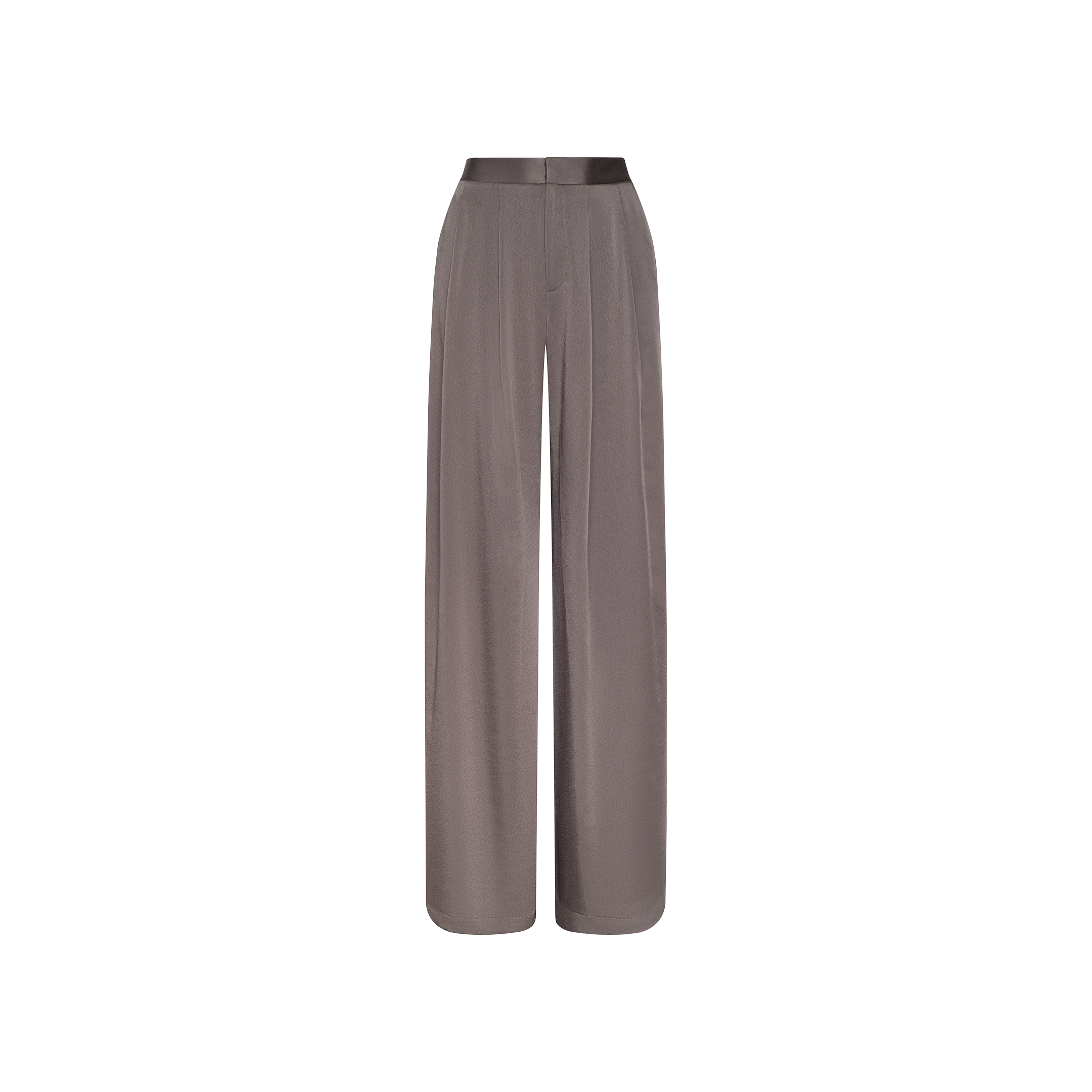 The Aubrie Satin Pant features a wide-leg, high-waisted silhouette in a cardamon brown shade, crafted from smooth, shiny satin with a tailored waistband and subtle front pleats, shown against a plain white background.