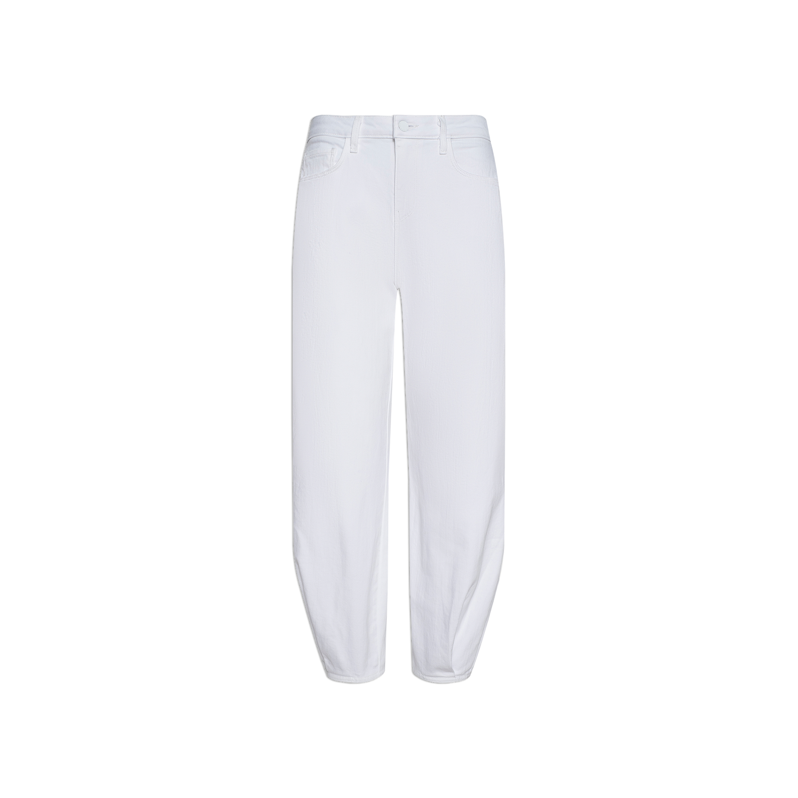 The Krista Tapered Jean is crafted from white stretch denim and features a high-rise, tapered leg silhouette with front button and zipper closure, as well as classic five-pocket styling, displayed against a plain white background.