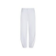 The Krista Tapered Jean is crafted from white stretch denim and features a high-rise, tapered leg silhouette with front button and zipper closure, as well as classic five-pocket styling, displayed against a plain white background.