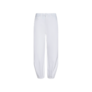 The Krista Tapered Jean is crafted from premium white denim in a relaxed, high-waisted silhouette with a flattering tapered leg. Designed with a button and zip closure and both front and back pockets, this plain white pair is shown on a white background.