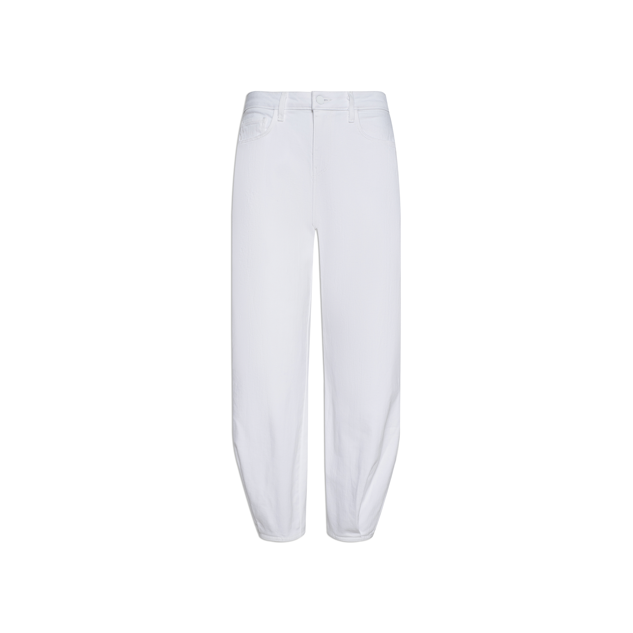 The Krista Tapered Jean is crafted from white stretch denim and features a high-rise, tapered leg silhouette with front button and zipper closure, as well as classic five-pocket styling, displayed against a plain white background.