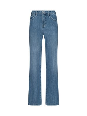 The Joanne Low-Rise Wide-Leg Jean features pinstriped indigo blue denim, a classic five-pocket design, zip fly, and flared wide-leg cut, shown against a white background.