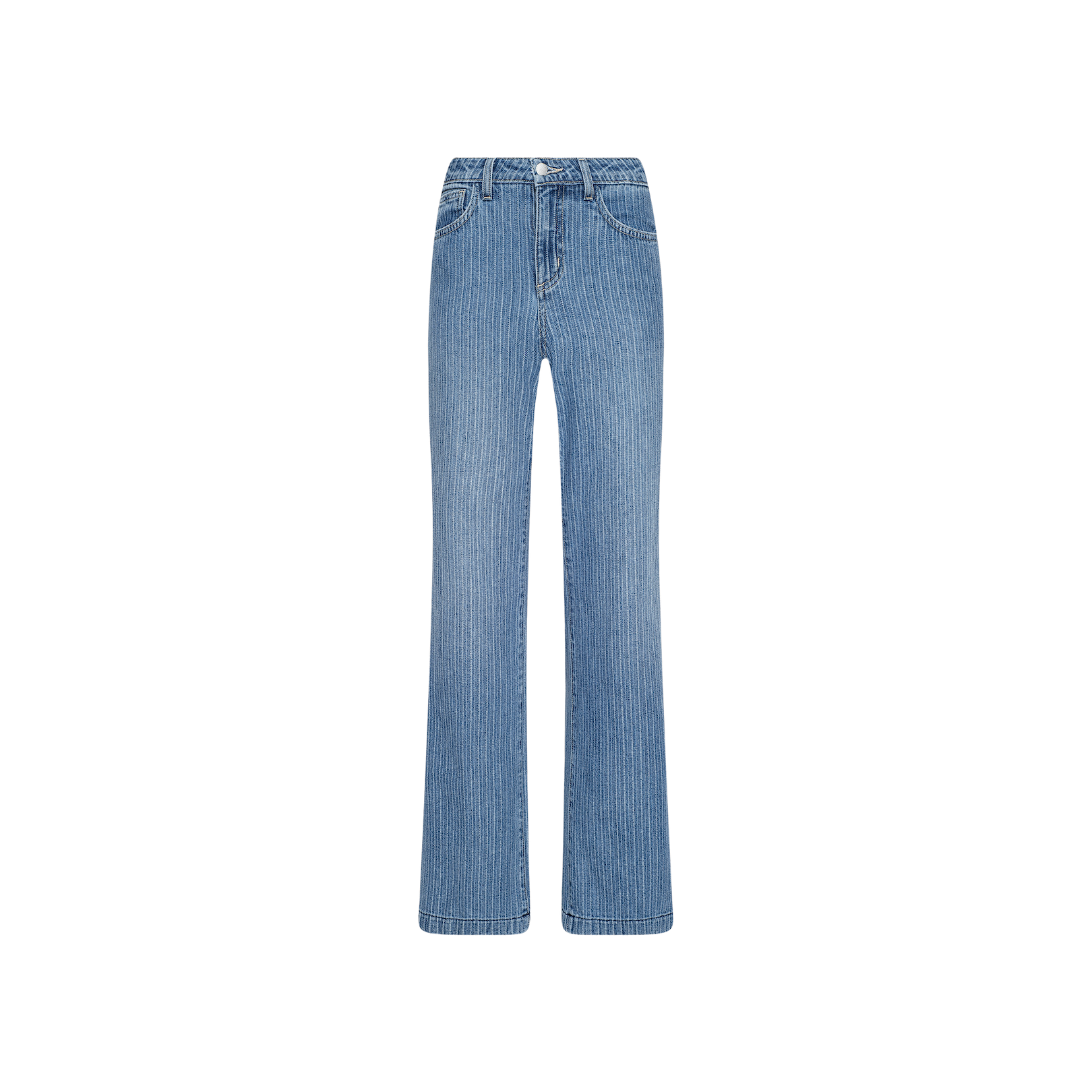 The Joanne Low-Rise Wide-Leg Jean is showcased against a plain white background, featuring a light blue wash with subtle indigo vertical pinstripes, front pockets, and a button closure.