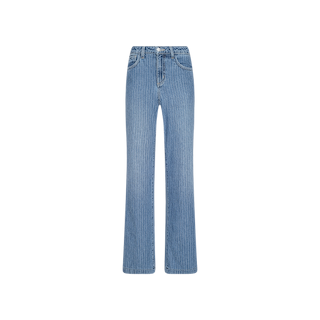 The Joanne Low-Rise Wide-Leg Jean is showcased against a plain white background, featuring a light blue wash with subtle indigo vertical pinstripes, front pockets, and a button closure.
