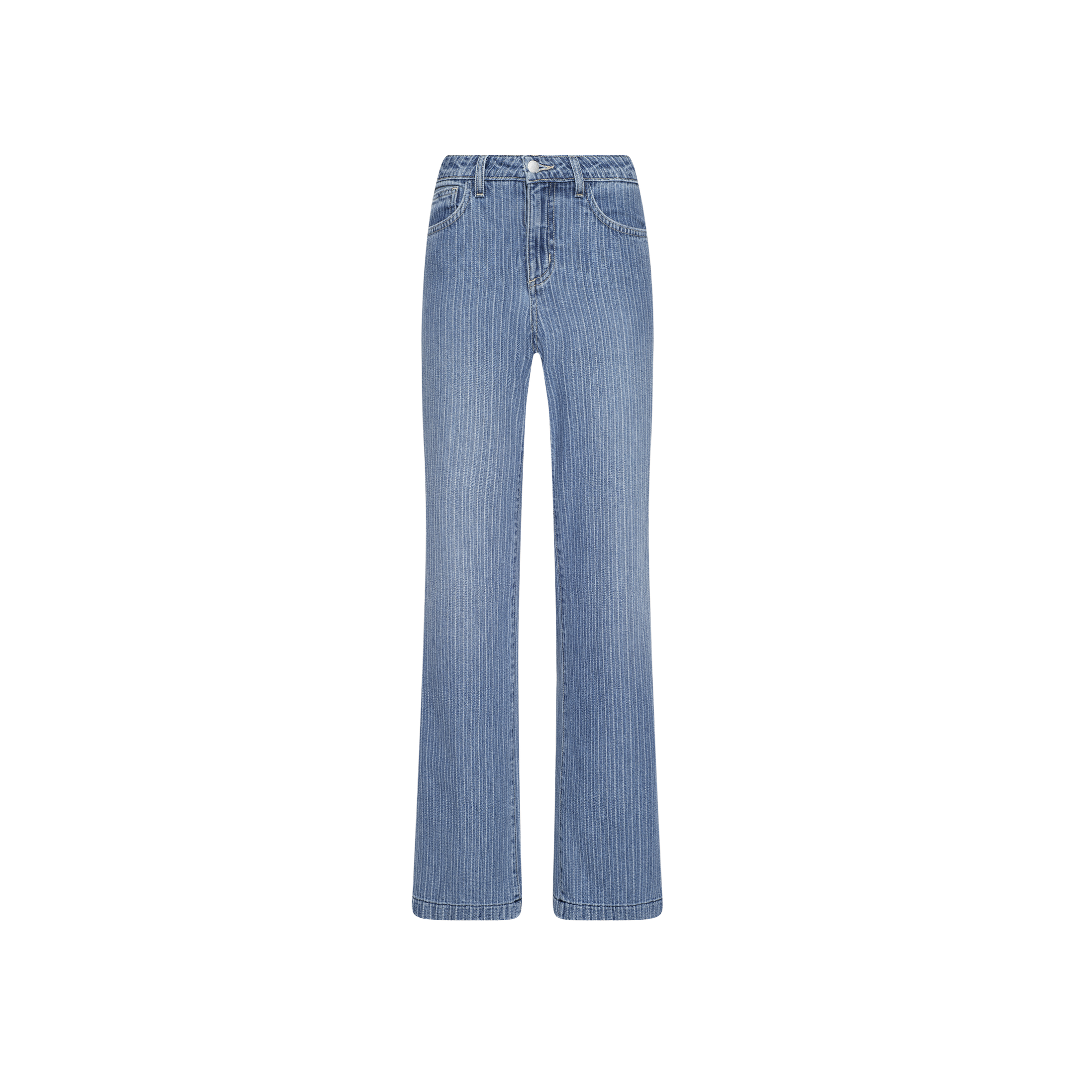 Joanne Low-Rise Wide-Leg Jean in light blue denim, featuring a low-rise waist, wide-leg silhouette, front button and zipper closure, classic five-pocket design, and subtle indigo pinstriped detailing, displayed on a plain white background.