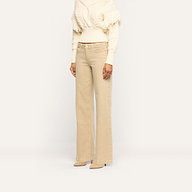 Beige Joanne Low-Rise Wide-Leg Jean paired with a cream cable-knit sweater and beige pointed-toe heels.