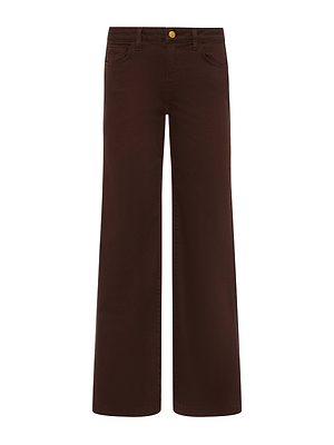 The Joanne Low-Rise Wide-Leg Jean by L'AGENCE features brown stretch denim, front and back pockets, belt loops, and a button-zip closure.