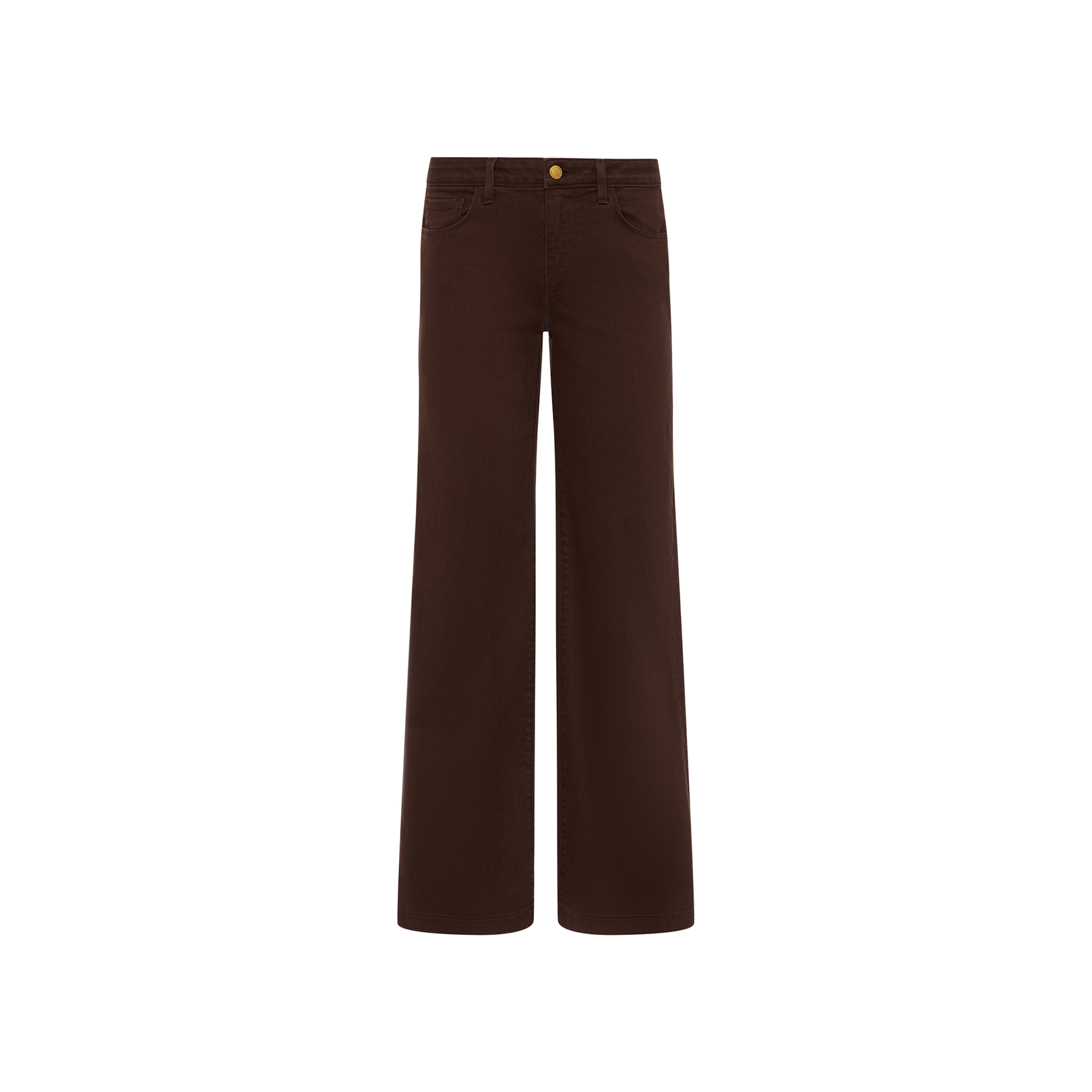 Joanne Low-Rise Wide-Leg Jeans in a rich dark brown shade, featuring front pockets and a button closure, displayed on a white background.