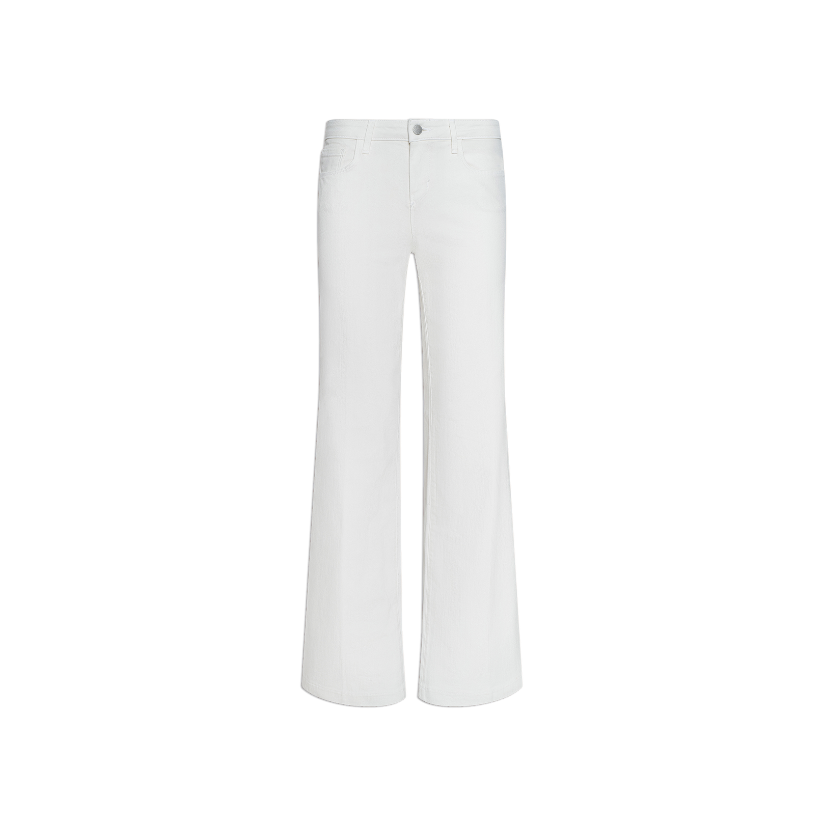 Joanne Low-Rise Wide-Leg Jean in white, featuring a low-rise waist, wide-leg silhouette, button and zipper closure, and crafted from stretch denim, displayed against a plain white background.