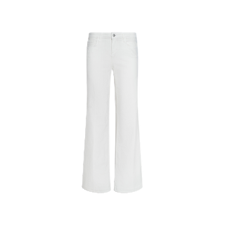 Joanne Low-Rise Wide-Leg Jean in white, featuring a low-rise waist, wide-leg silhouette, button and zipper closure, and crafted from stretch denim, displayed against a plain white background.