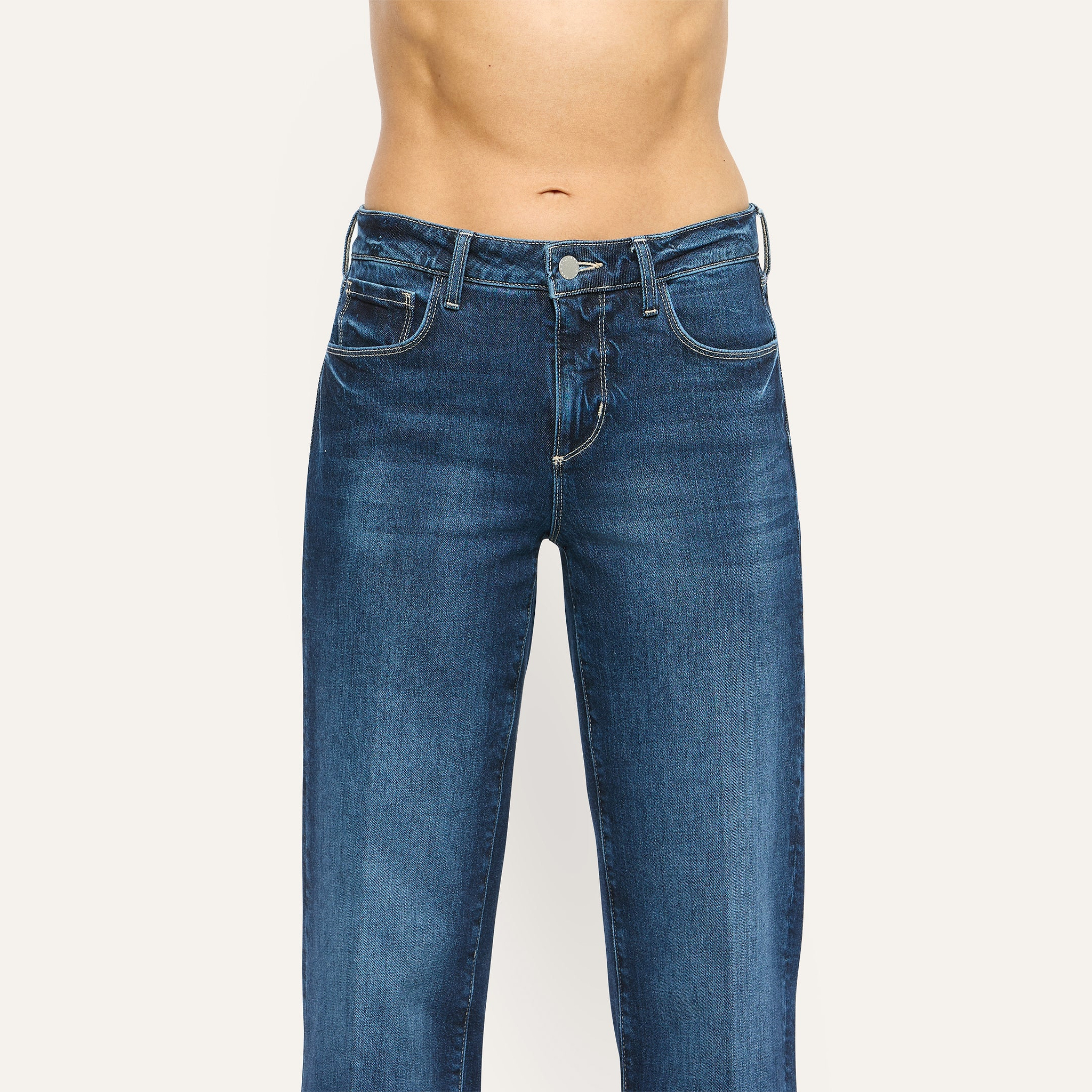 Joanne Low-Rise Wide-Leg Jean in dark blue stretch denim.