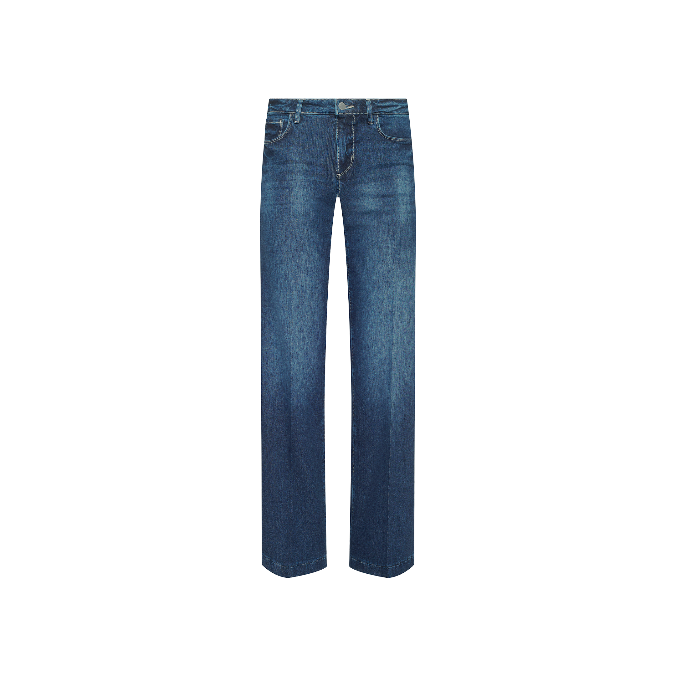 Joanne Low-Rise Wide-Leg Jean in dark blue stretch denim with a wide-leg, low-rise fit.