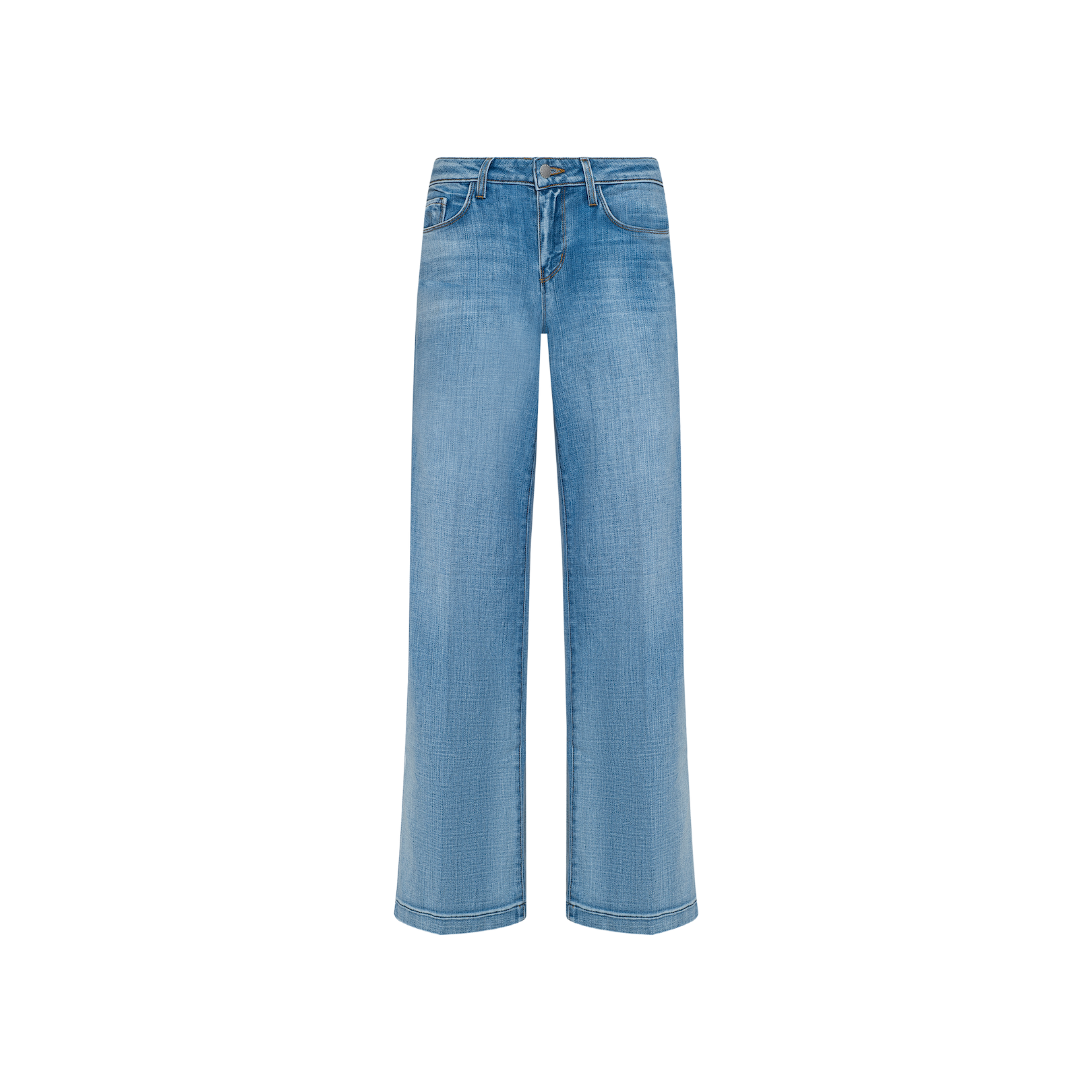 Joanne Low-Rise Wide-Leg Jean in a light blue wash, featuring front and back pockets, belt loops, and a button-zip fly, displayed on a plain white background.