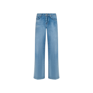 Joanne Low-Rise Wide-Leg Jean in a light blue wash, featuring front and back pockets, belt loops, and a button-zip fly, displayed on a plain white background.