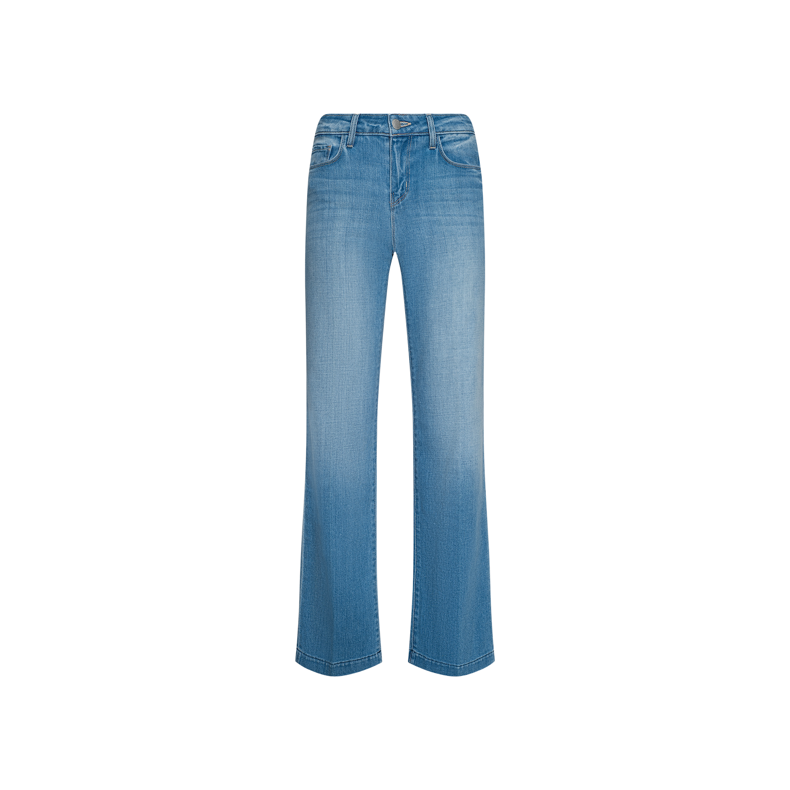 The Joanne Low-Rise Wide-Leg Jean features a light indigo wash with a subtle flare at the hem, front pockets, belt loops, and a zip fly with button closure. Displayed on a plain white background, these low-rise denim jeans combine comfort and style for everyday wear.