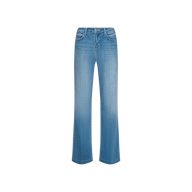 The Joanne Low-Rise Wide-Leg Jean features a light indigo wash with a subtle flare at the hem, front pockets, belt loops, and a zip fly with button closure. Displayed on a plain white background, these low-rise denim jeans combine comfort and style for everyday wear.