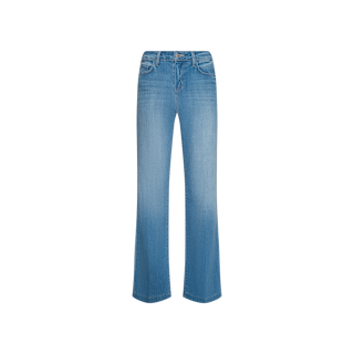 The Joanne Low-Rise Wide-Leg Jean features a light indigo wash with a subtle flare at the hem, front pockets, belt loops, and a zip fly with button closure. Displayed on a plain white background, these low-rise denim jeans combine comfort and style for everyday wear.
