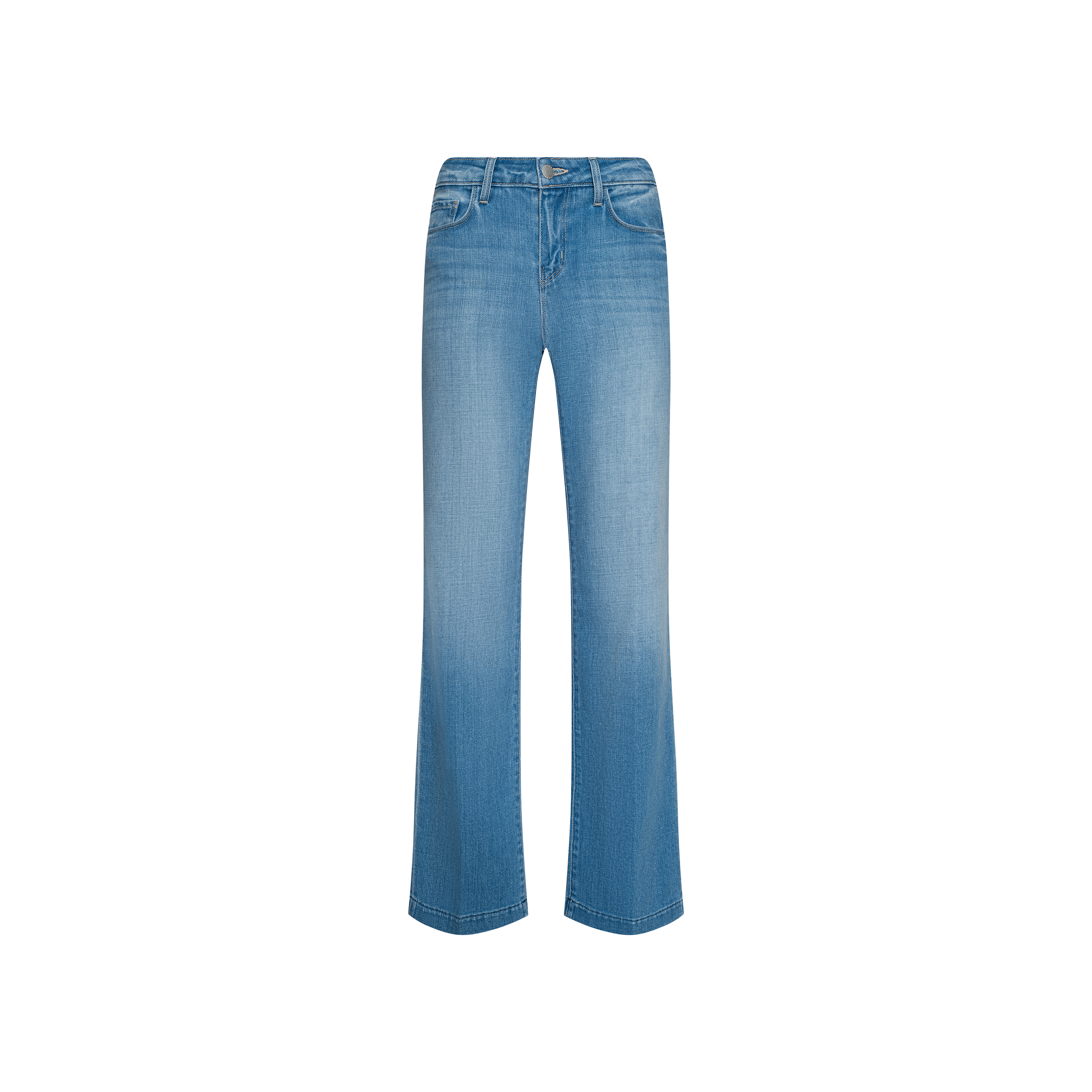 The Joanne Low-Rise Wide-Leg Jean features a light indigo wash with a subtle flare at the hem, front pockets, belt loops, and a zip fly with button closure. Displayed on a plain white background, these low-rise denim jeans combine comfort and style for everyday wear.