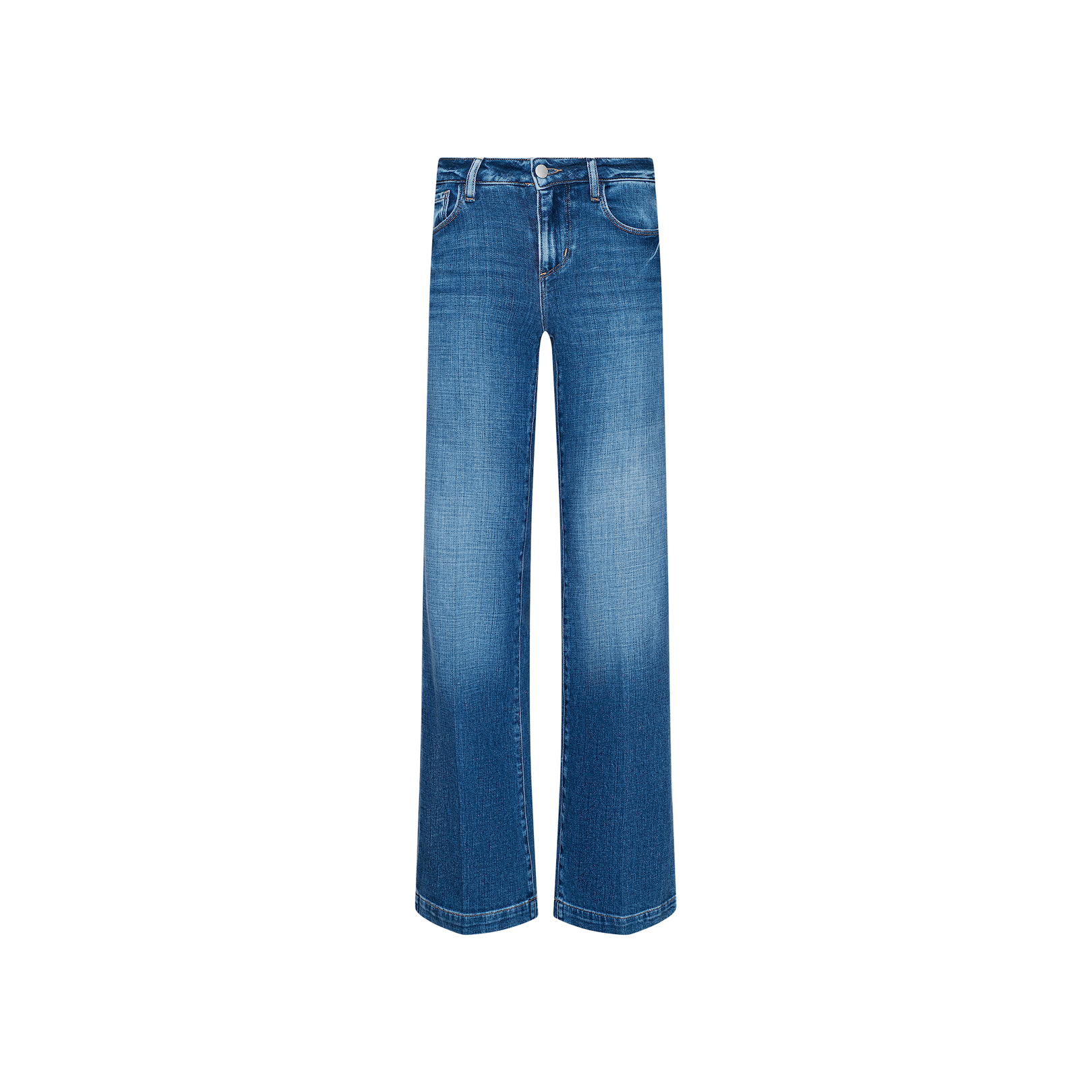 Joanne Low-Rise Wide-Leg Jean in blue, crafted from stretch denim with a faded wash and featuring a classic five-pocket design, displayed against a plain white background.