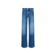 Joanne Low-Rise Wide-Leg Jean in blue, crafted from stretch denim with a subtle thigh fade, features a classic five-pocket design and button closure, shown against a plain white background.