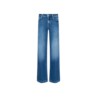 Joanne Low-Rise Wide-Leg Jean in blue, crafted from stretch denim with a faded wash and featuring a classic five-pocket design, displayed against a plain white background.
