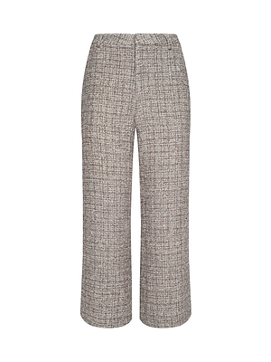 The Lula Cropped Tweed Trouser is a women’s high-waisted, wide-leg pant crafted from textured Italian tweed in brown and grey tones, shown on a white background.