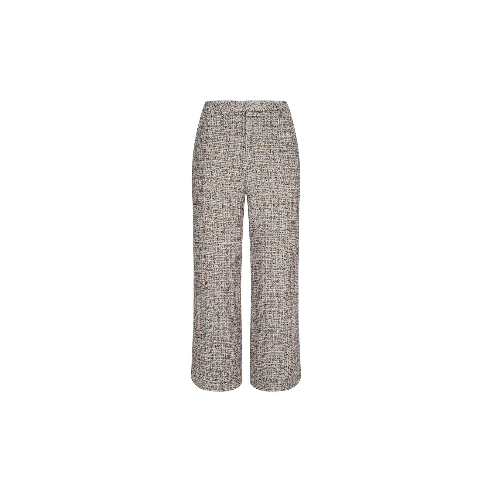 Lula Cropped Tweed Trouser in gray, featuring a high-waisted, wide-leg silhouette with a subtle plaid pattern, crafted from luxurious Italian tweed and displayed on a white background.
