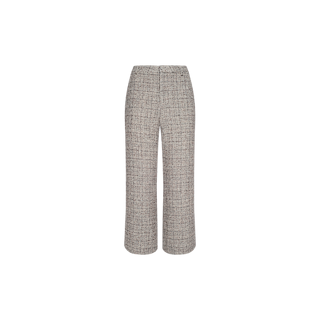 Lula Cropped Tweed Trouser in gray, featuring a high-waisted, wide-leg silhouette with a subtle plaid pattern, crafted from luxurious Italian tweed and displayed on a white background.
