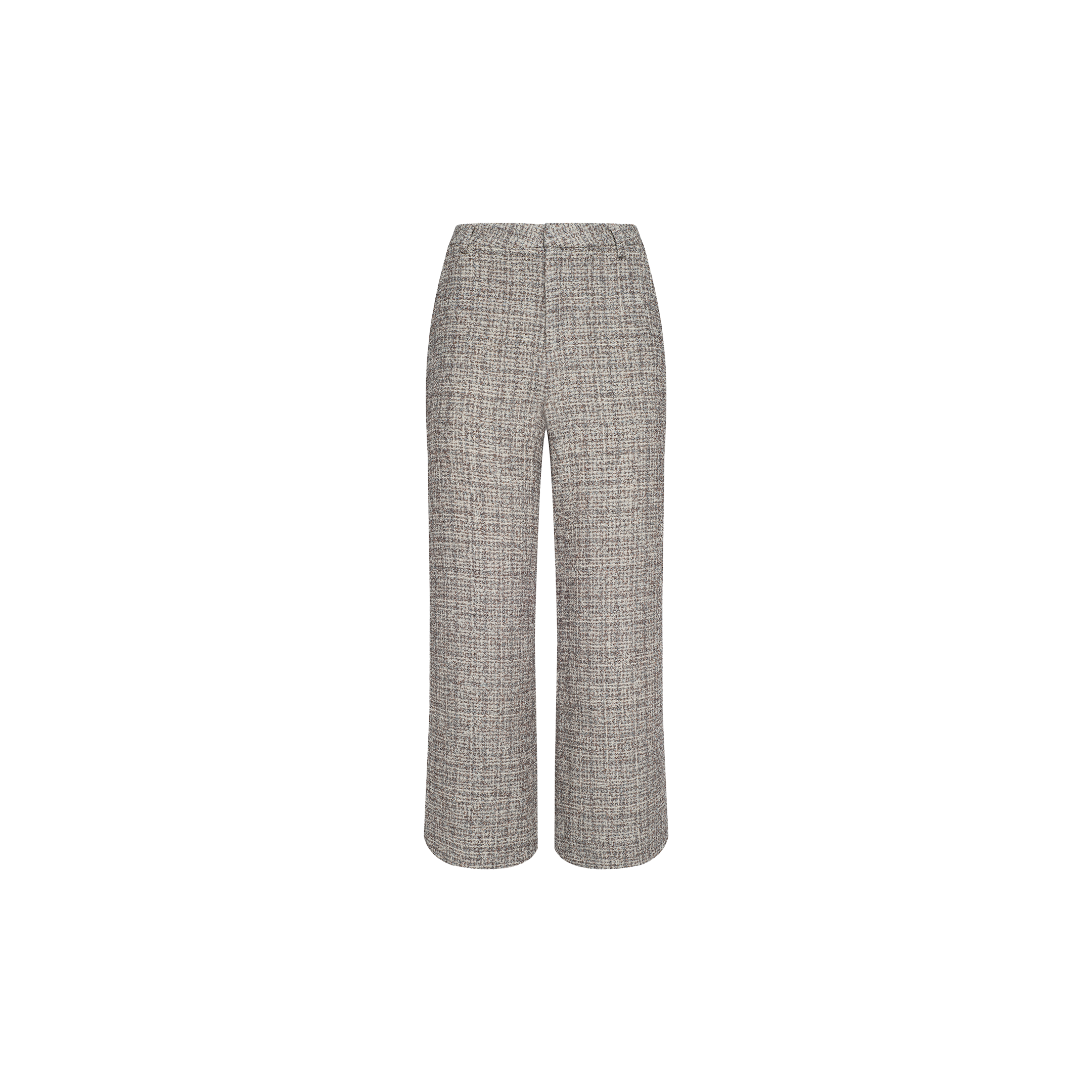Lula Cropped Tweed Trouser in gray, featuring a high-waisted, wide-leg silhouette with a subtle plaid pattern, crafted from luxurious Italian tweed and displayed on a white background.