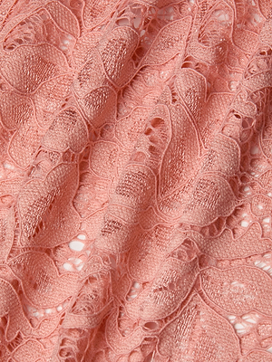 Close-up of textured pink sheer stretch lace with an intricate floral pattern, featuring delicate, semi-transparent threads. Ideal for statement pieces like the Tavia Lace Trouser.