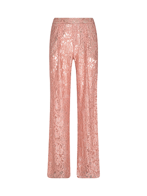 From the After Hours collection, the Tavia Lace Trouser features a high waist and straight-leg fit in pink sheer floral lace, set against a white backdrop.