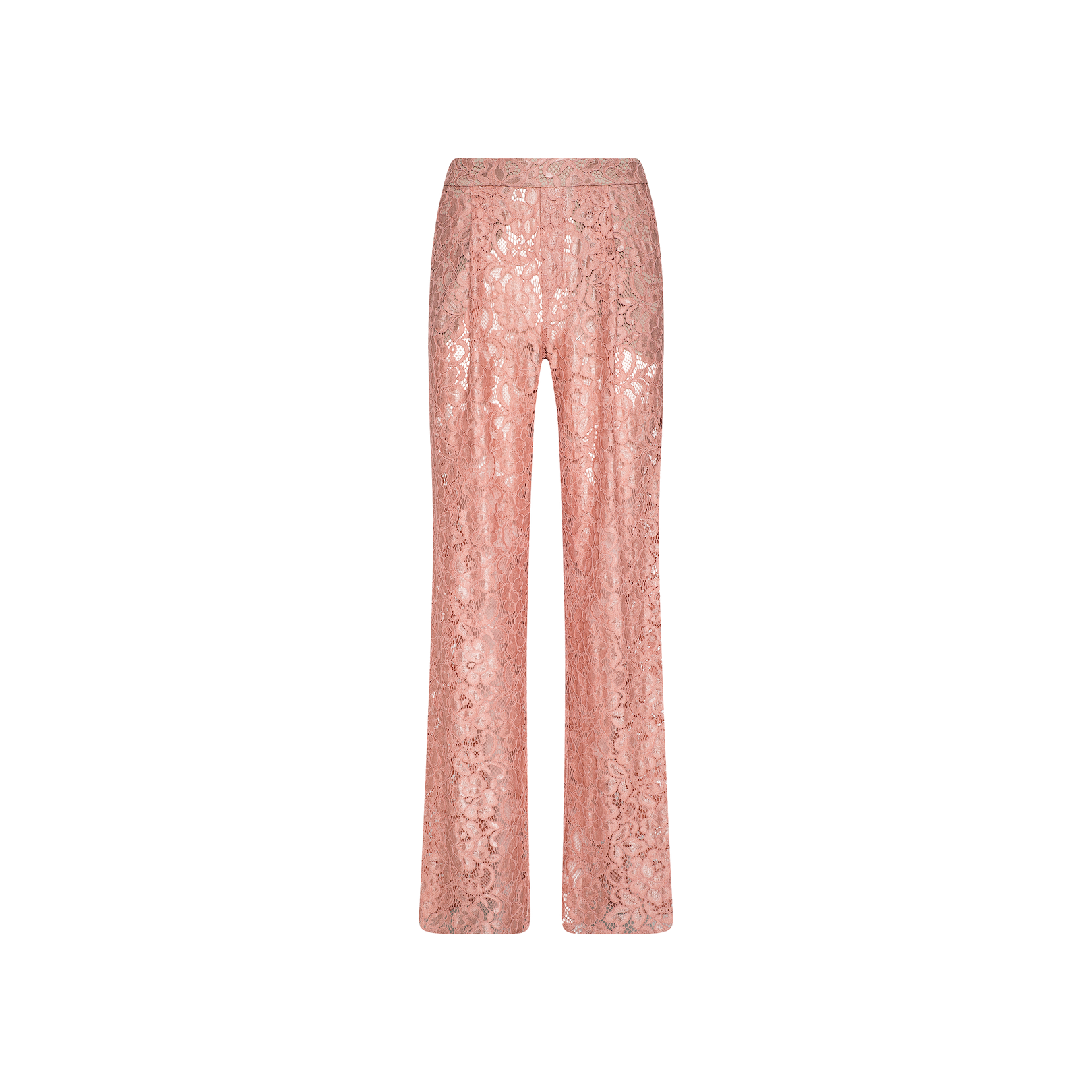 The Tavia Lace Trouser is a pair of pink, semi-sheer stretch lace pants featuring a high waist, straight-leg cut, and an intricate floral lace pattern, shown against a plain white background.