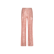 The Tavia Lace Trouser is a pair of pink, semi-sheer stretch lace pants featuring a high waist, straight-leg cut, and an intricate floral lace pattern, shown against a plain white background.