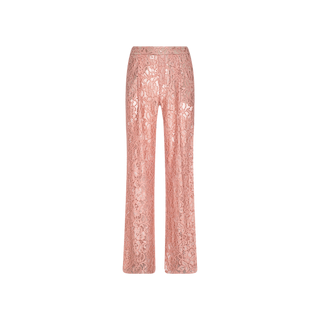 The Tavia Lace Trouser showcases a straight-leg silhouette crafted from sheer stretch lace in pink, featuring a high-waisted, pull-on fit. Adorned with a delicate floral lace pattern, these pants present a contemporary upgrade to the classic trouser—perfect for creating a standout statement suit. Shown here against a plain white background.