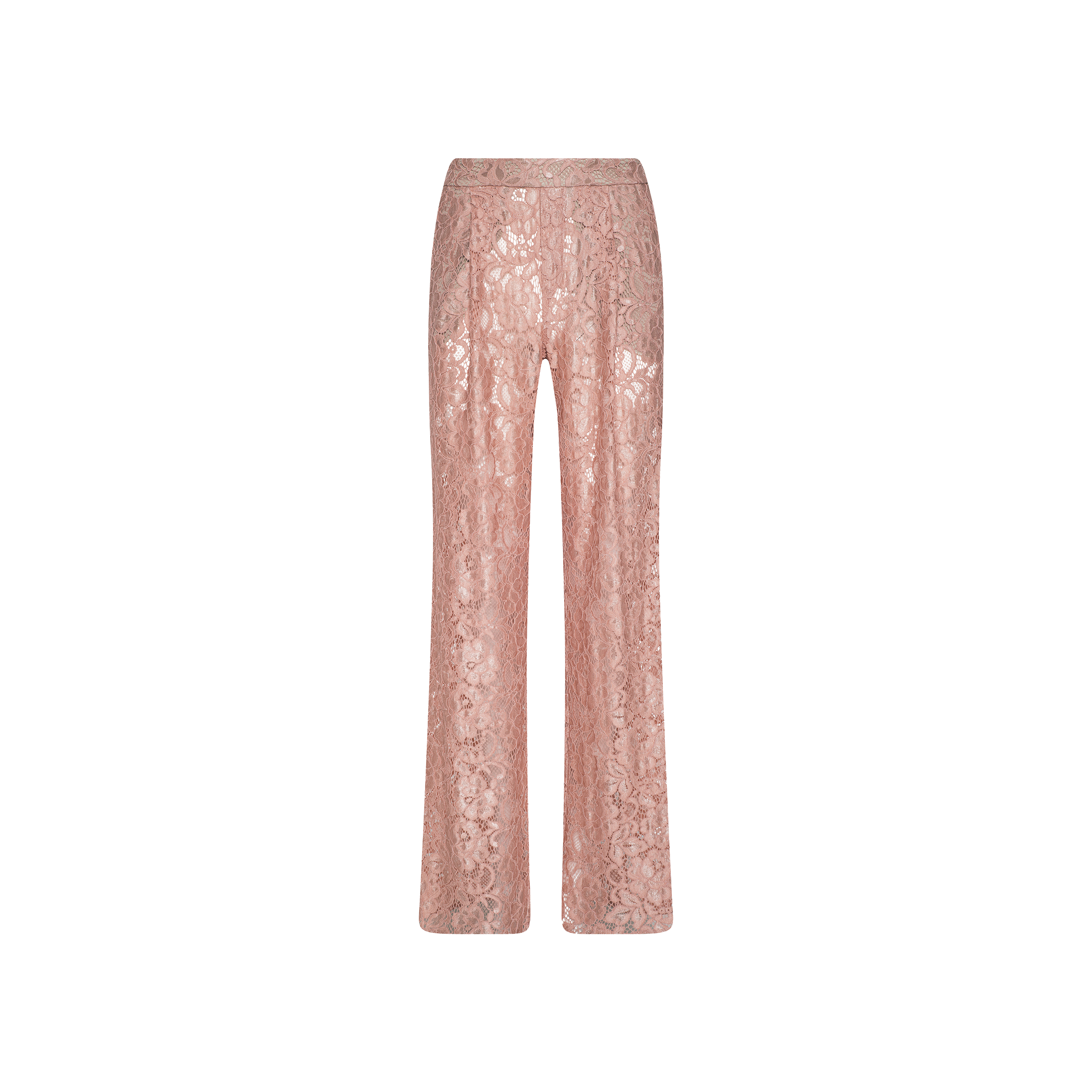 The Tavia Lace Trouser is a pair of pink, semi-sheer stretch lace pants featuring a high waist, straight-leg cut, and an intricate floral lace pattern, shown against a plain white background.