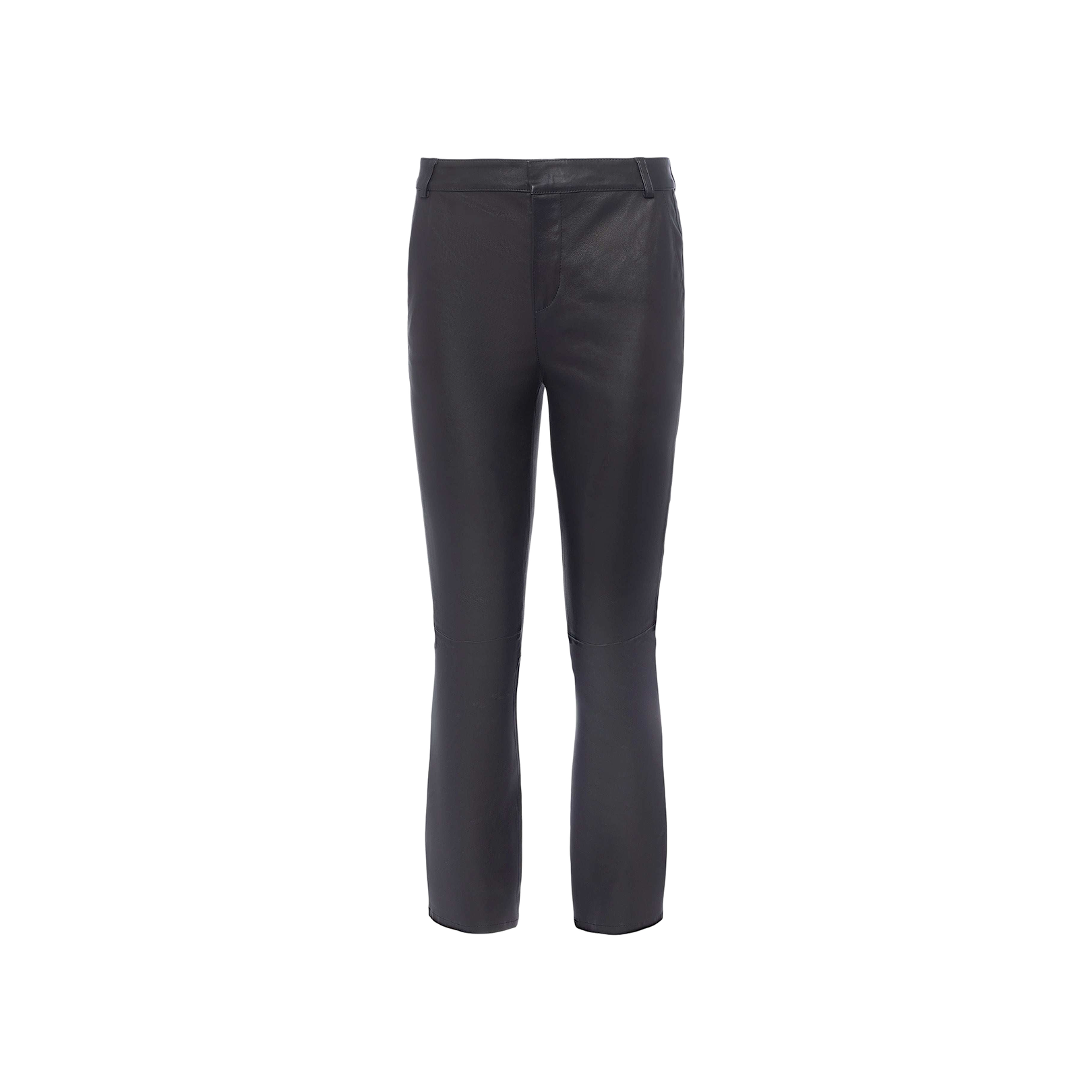 Ketra Leather Bootcut Trouser in black lambskin leather, featuring a slim fit, straight legs with a subtle sheen, displayed against a plain white background.