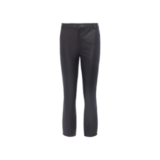 Ketra Leather Bootcut Trouser in black lambskin leather features a fitted waist, front fly closure, and clean hemming, displayed against a plain white background.