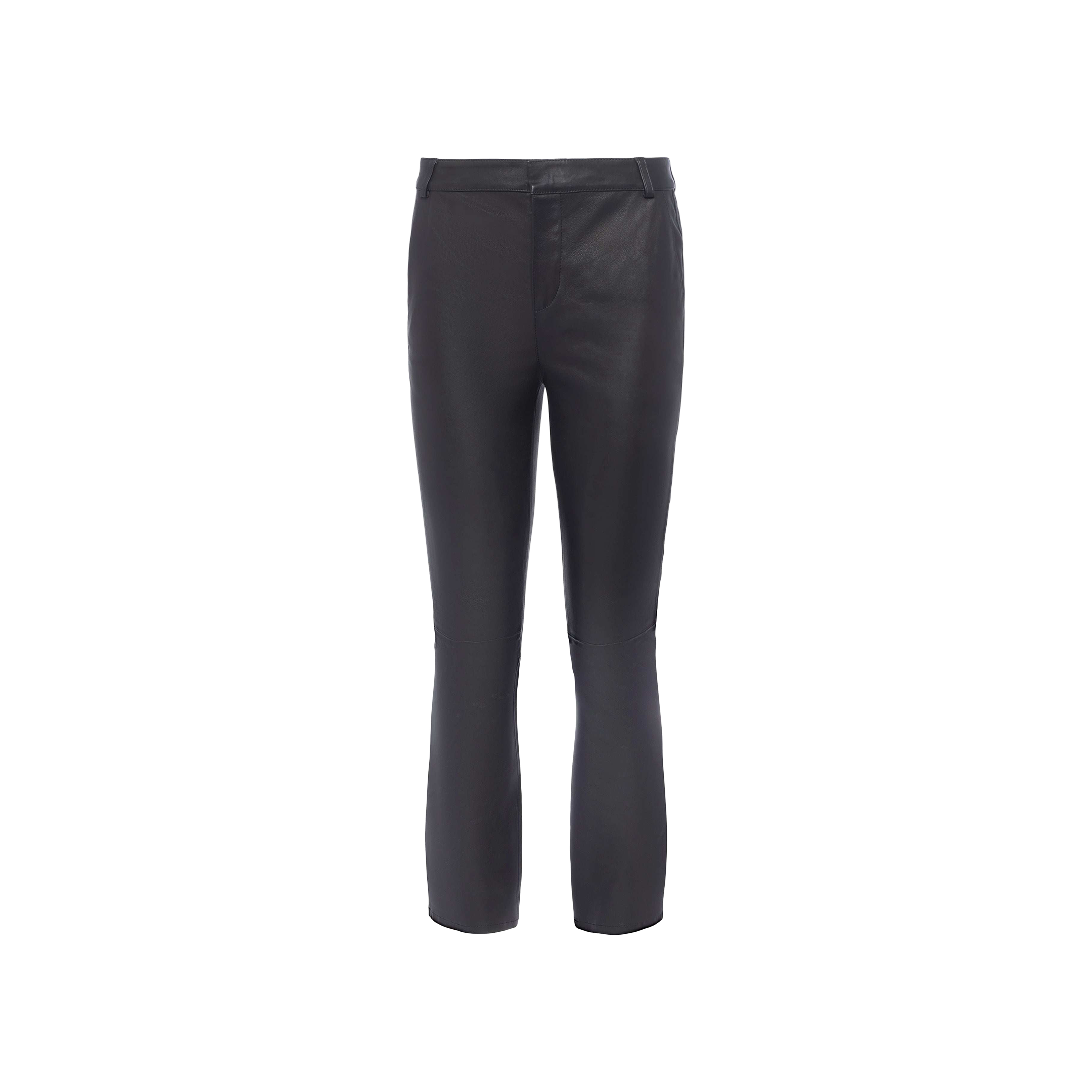 Ketra Leather Bootcut Trouser in black lambskin leather, featuring a slim fit, straight legs with a subtle sheen, displayed against a plain white background.