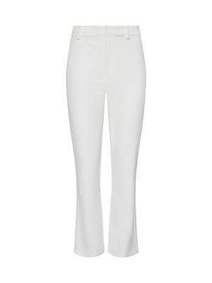 The Ketra Bootcut Trouser is a white women’s pant made from stretch suit fabric, featuring a slim fit, bootcut leg, belt loops, and front zipper, shown against a plain white background.