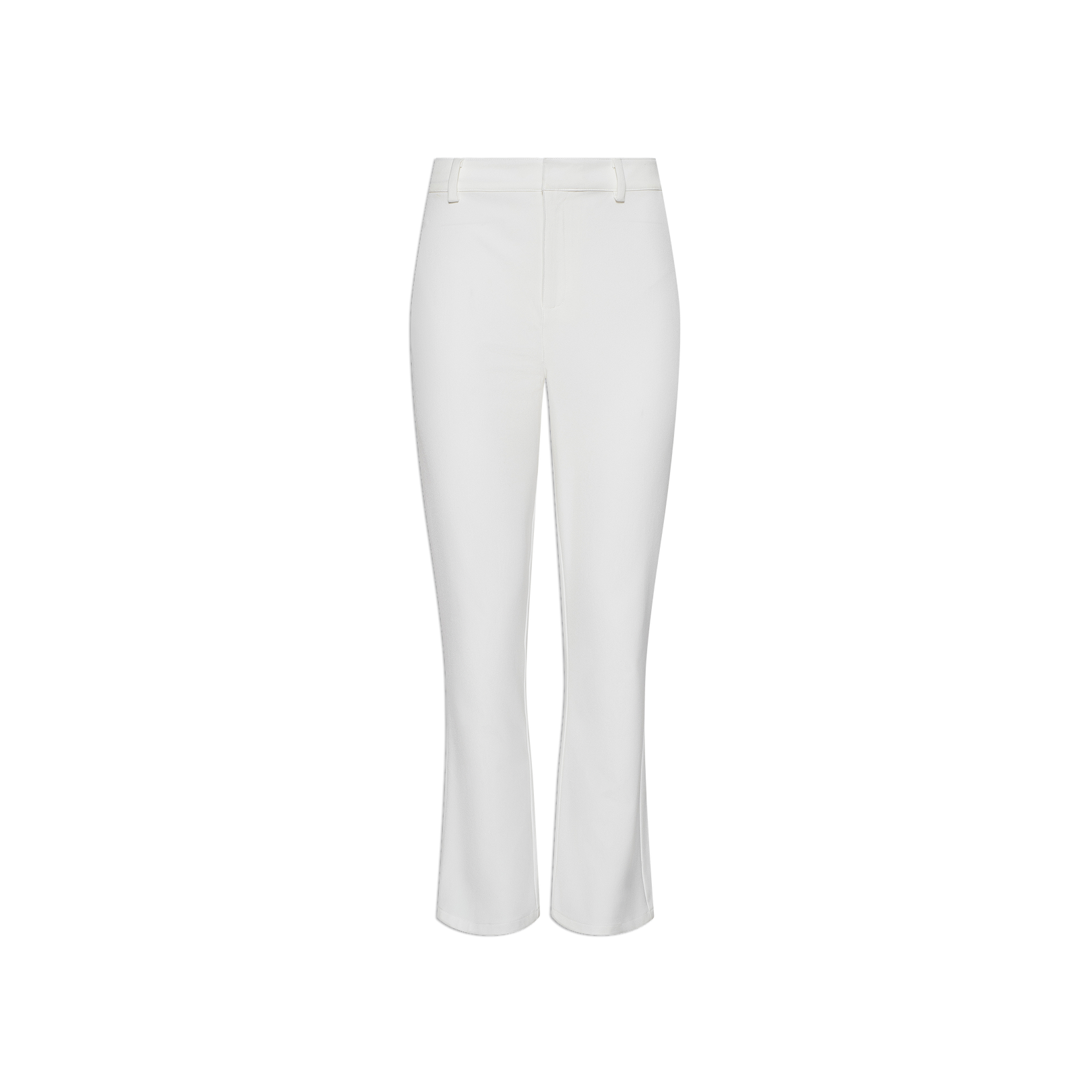 The Ketra Bootcut Trouser, crafted from stretch suit fabric, features a white high-waisted design with an ankle-length bootcut silhouette, belt loops, and a zipper fly, displayed on a plain white background.