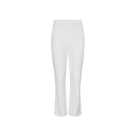 The Ketra Bootcut Trouser, crafted from stretch suit fabric, features a white high-waisted design with an ankle-length bootcut silhouette, belt loops, and a zipper fly, displayed on a plain white background.