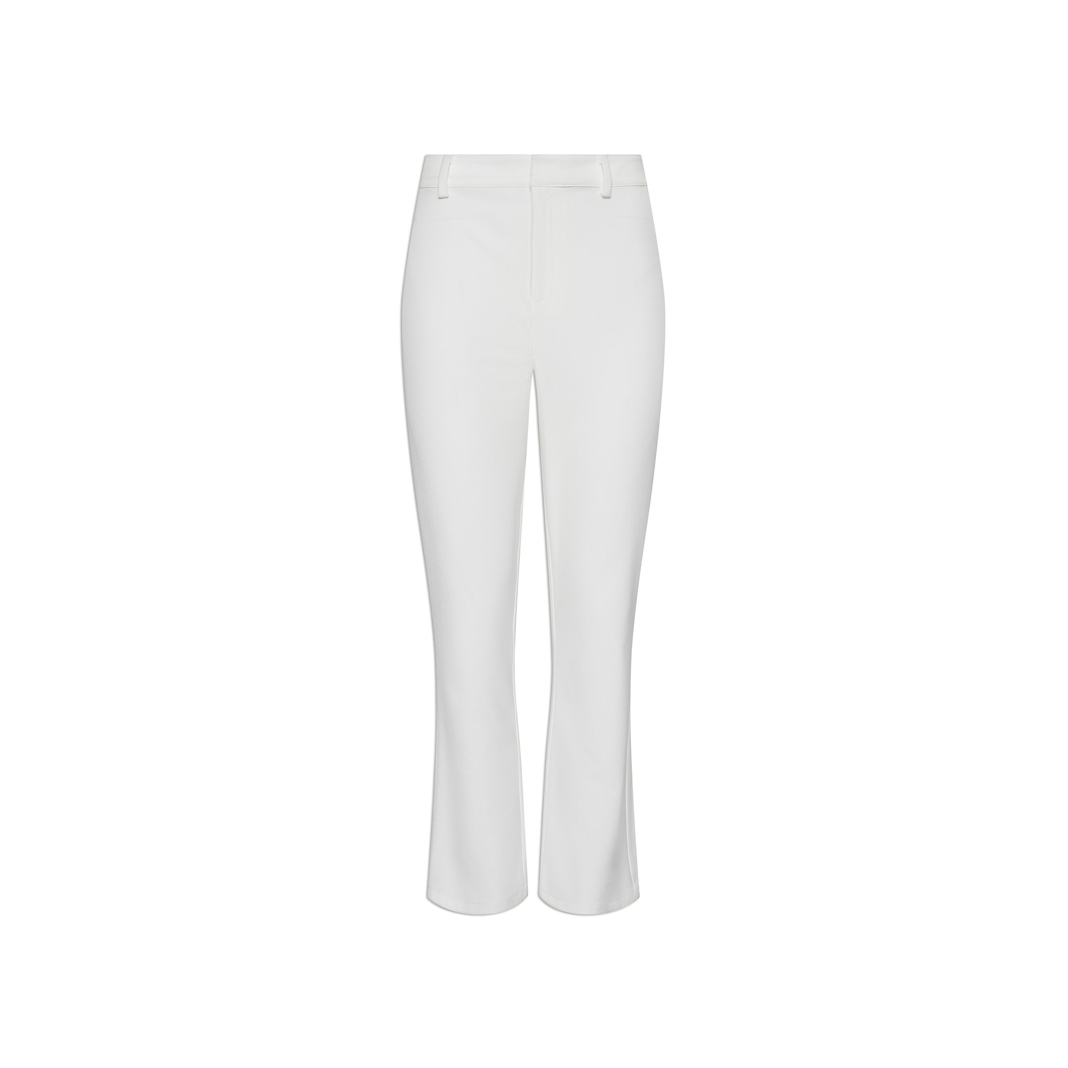The Ketra Bootcut Trouser, crafted from stretch suit fabric, features a white high-waisted design with an ankle-length bootcut silhouette, belt loops, and a zipper fly, displayed on a plain white background.