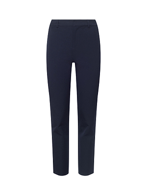 The L'AGENCE Ketra Bootcut Trouser is a tailored, slim-fit navy pant in stretch suit fabric with a flat front, belt loops, and straight leg, shown against a plain white background.