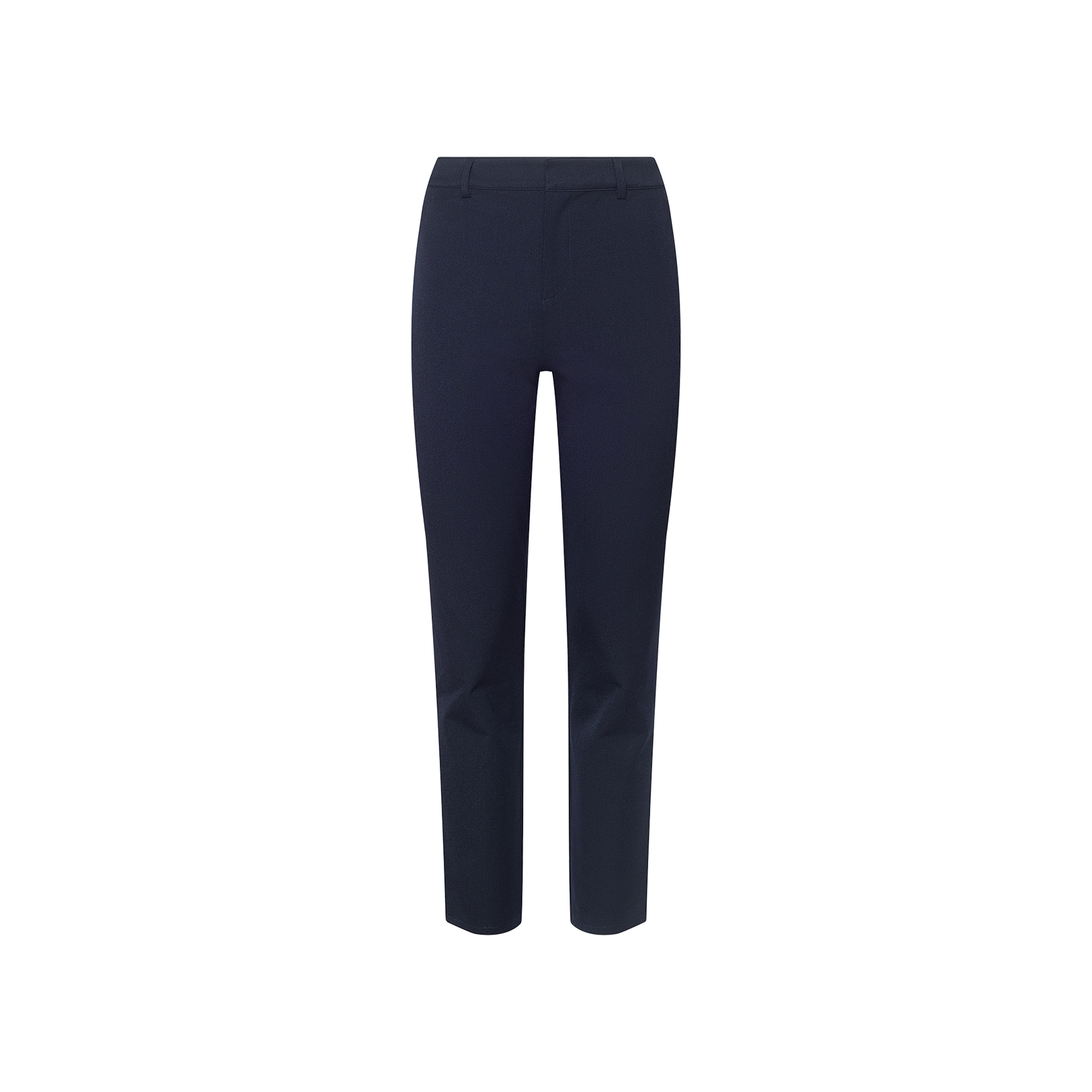 The Ketra Bootcut Trouser is crafted from stretch suit fabric in a midnight navy hue, featuring belt loops and a slim fit through the thighs that gently flares into a bootcut leg, shown against a plain white background.