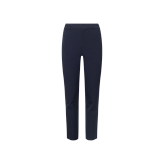 The Ketra Bootcut Trouser is showcased on a plain white background, featuring a tailored design in midnight navy blue with a bootcut leg, slim fit, belt loops, and a flat front—expertly crafted from stretch suit fabric.